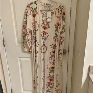 Zara Cream Floral Long Sleeve Maxi Dress